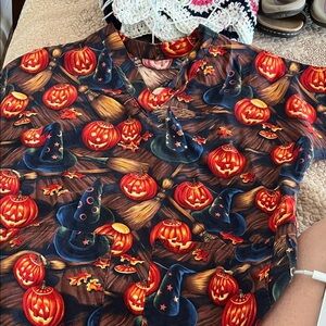 Halloween Pumpkin and Witch Hat Broom Scrub Top Handcrafted